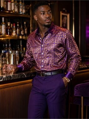 Men's Purple Geometric Satin Dress Shirt — Bold Evening Shirt